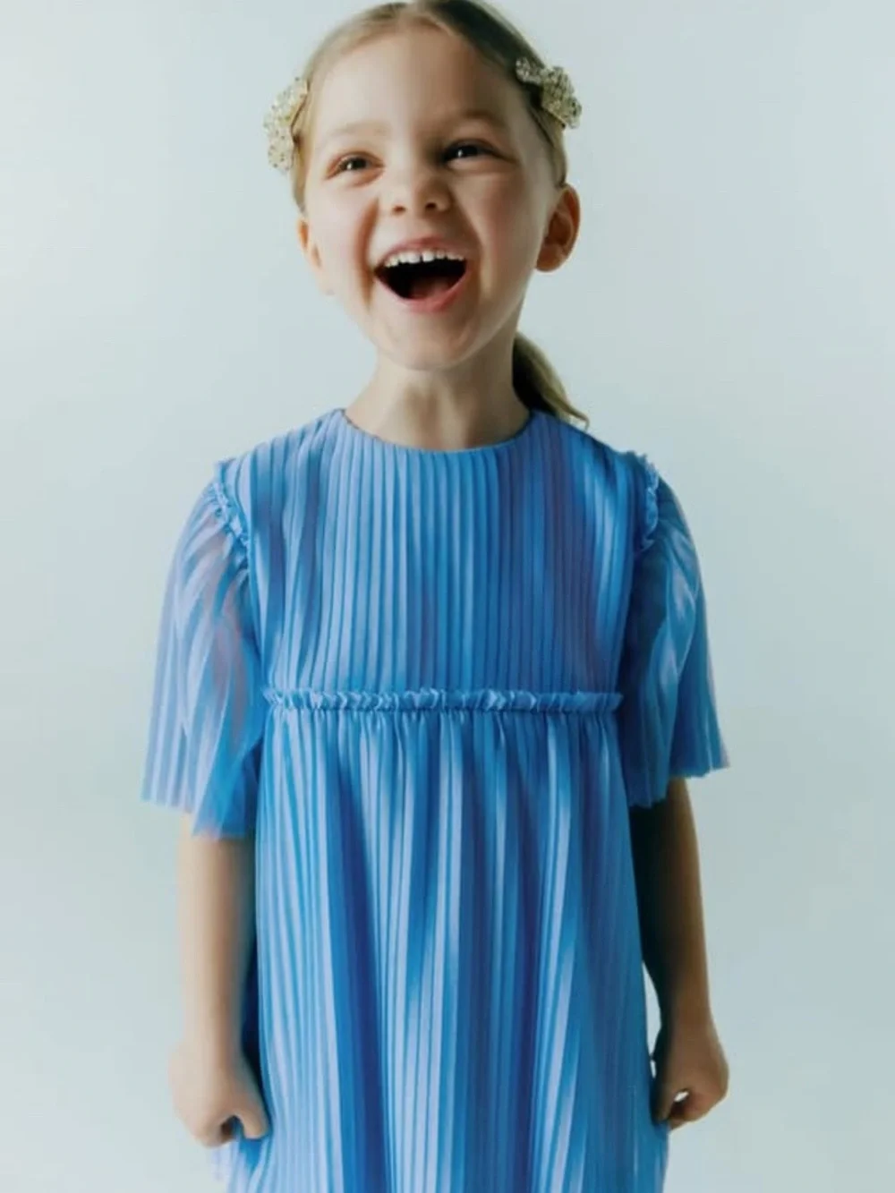 Zara Girls Light Blue Pleated Short-Sleeve Dress Top